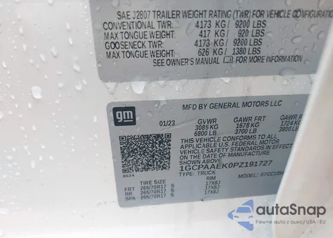 2023 Chevrolet Silverado 1500 2Wd Short Bed Wt z USA, uszkodzony, nr VIN 1GCPAAEK0PZ191727